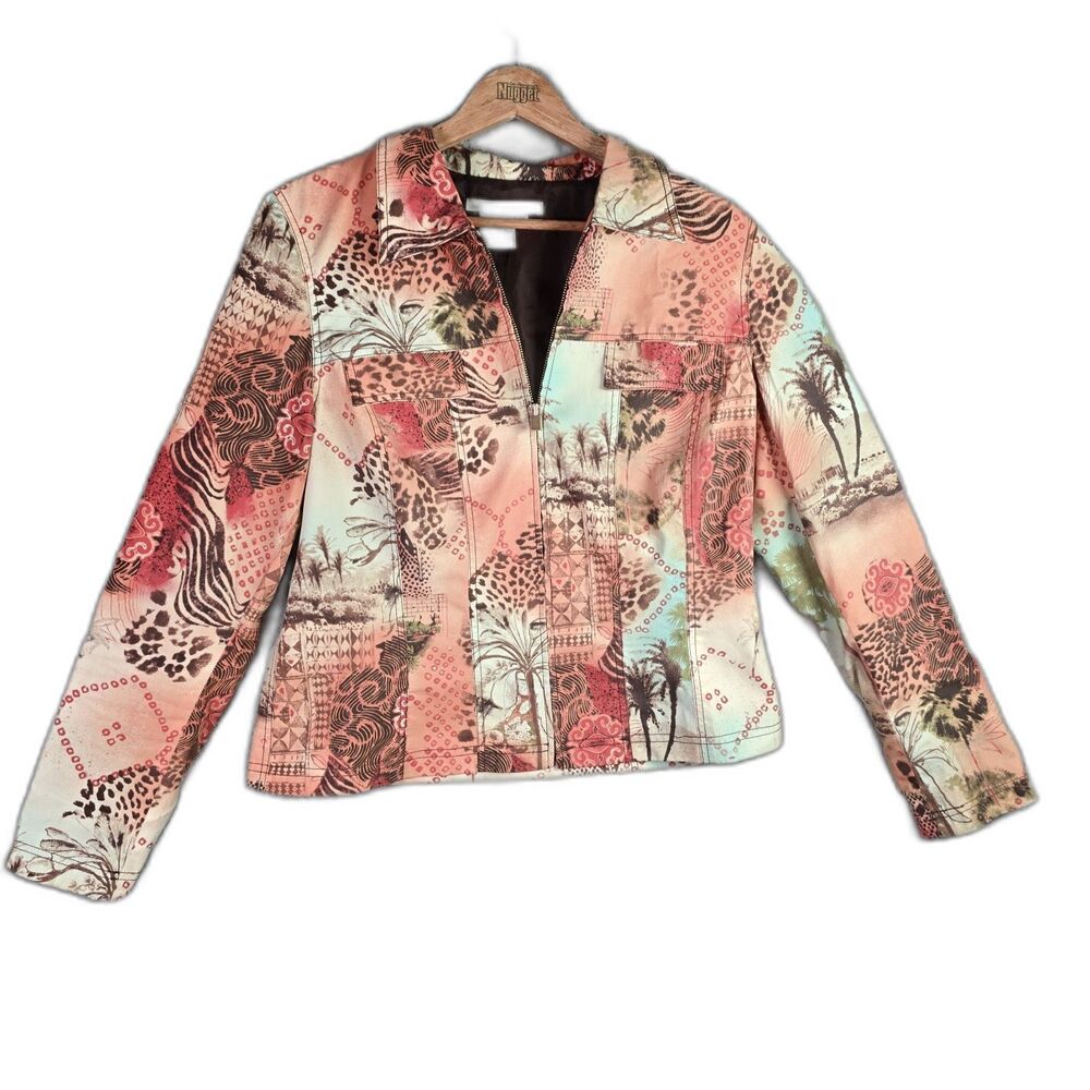 Maggy London Womens Jacket 12 Coral 100% Cotton Tropical Patchwork Zip Blazer